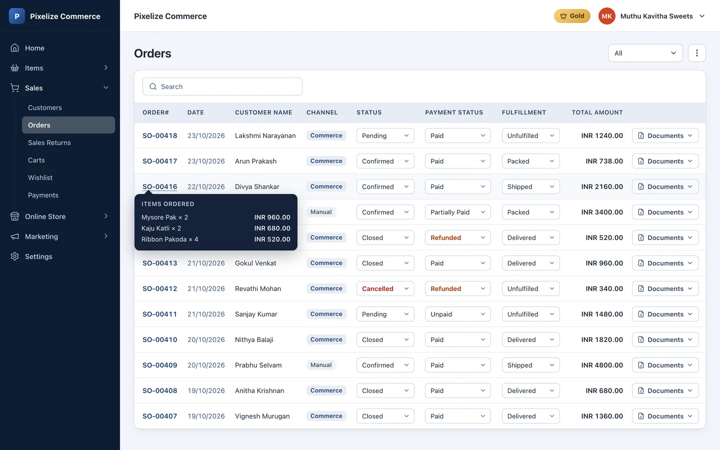 Store admin orders list with payment, fulfilment and refunded orders