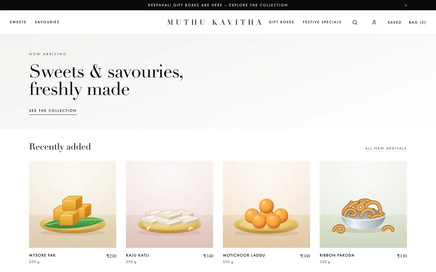 Muthu Kavitha Sweets online store home page with featured sweets