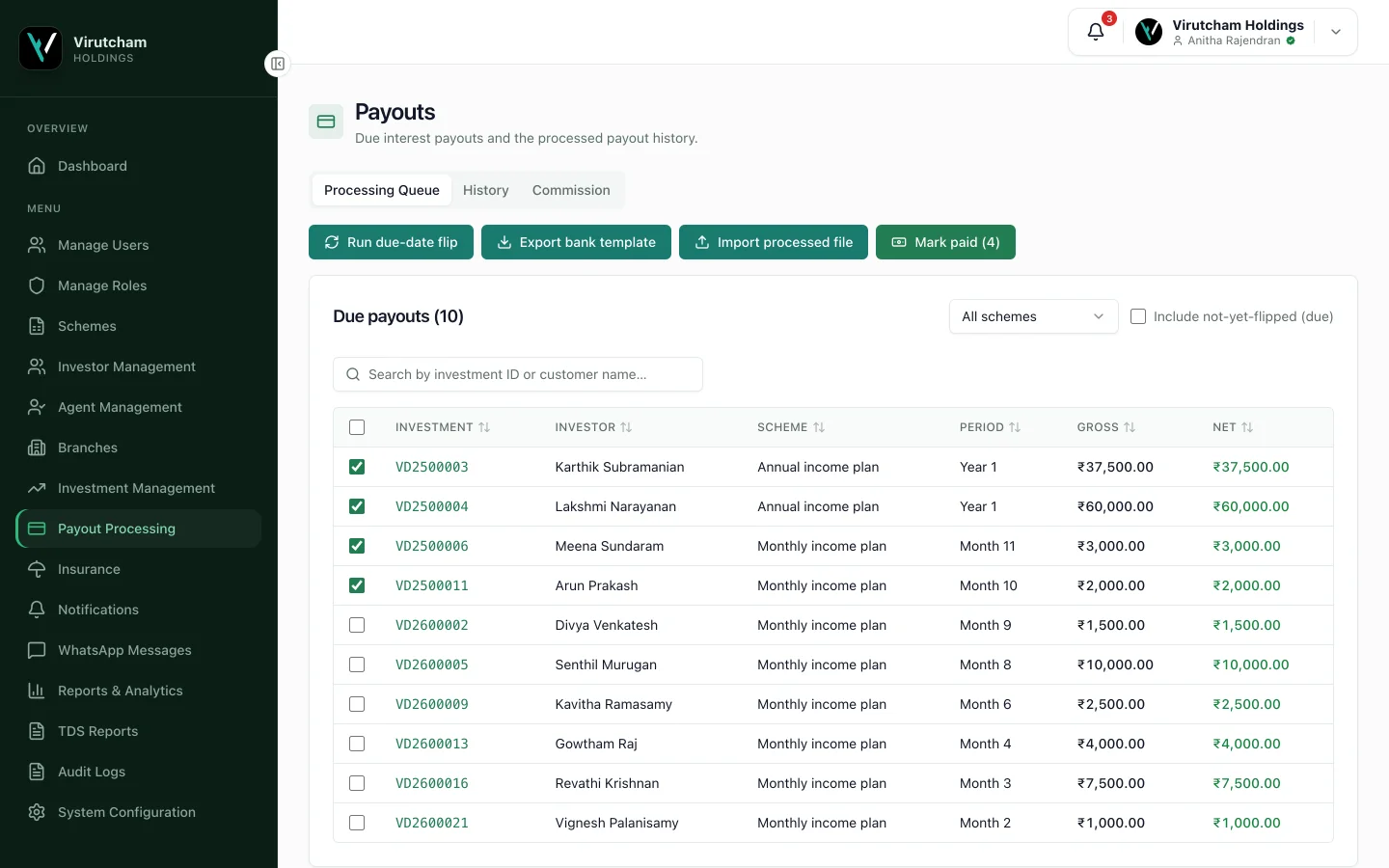 Virutcham admin portal with due payouts ready to export to the bank