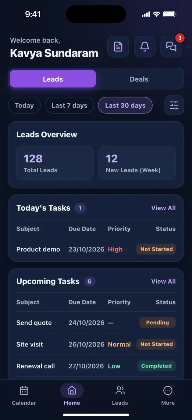 Pixelize CRM mobile app home with a leads overview and today's tasks