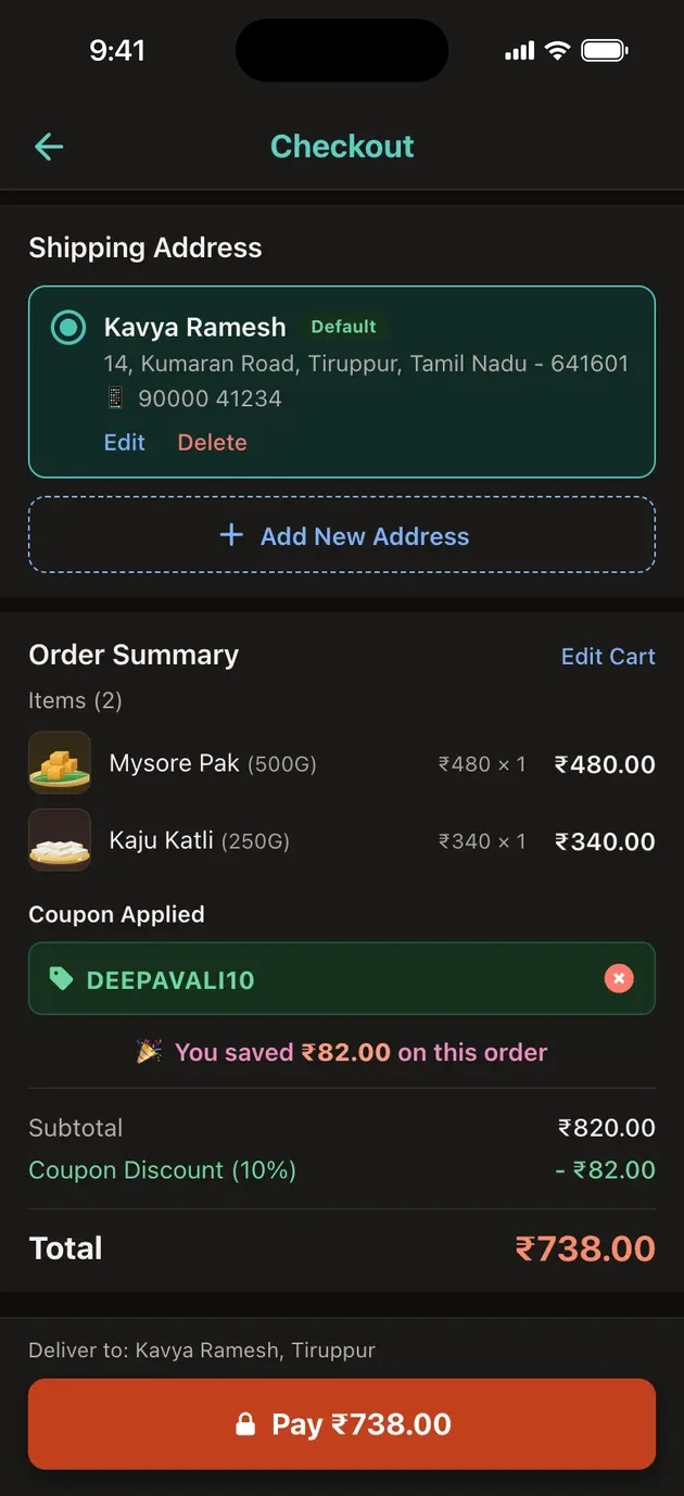 Checkout with a coupon, a saved address and Razorpay payment