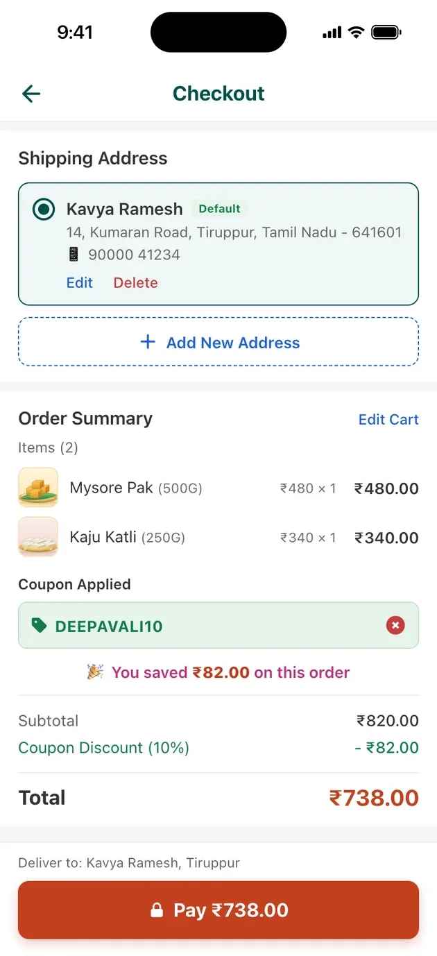 Checkout with a coupon, a saved address and Razorpay payment