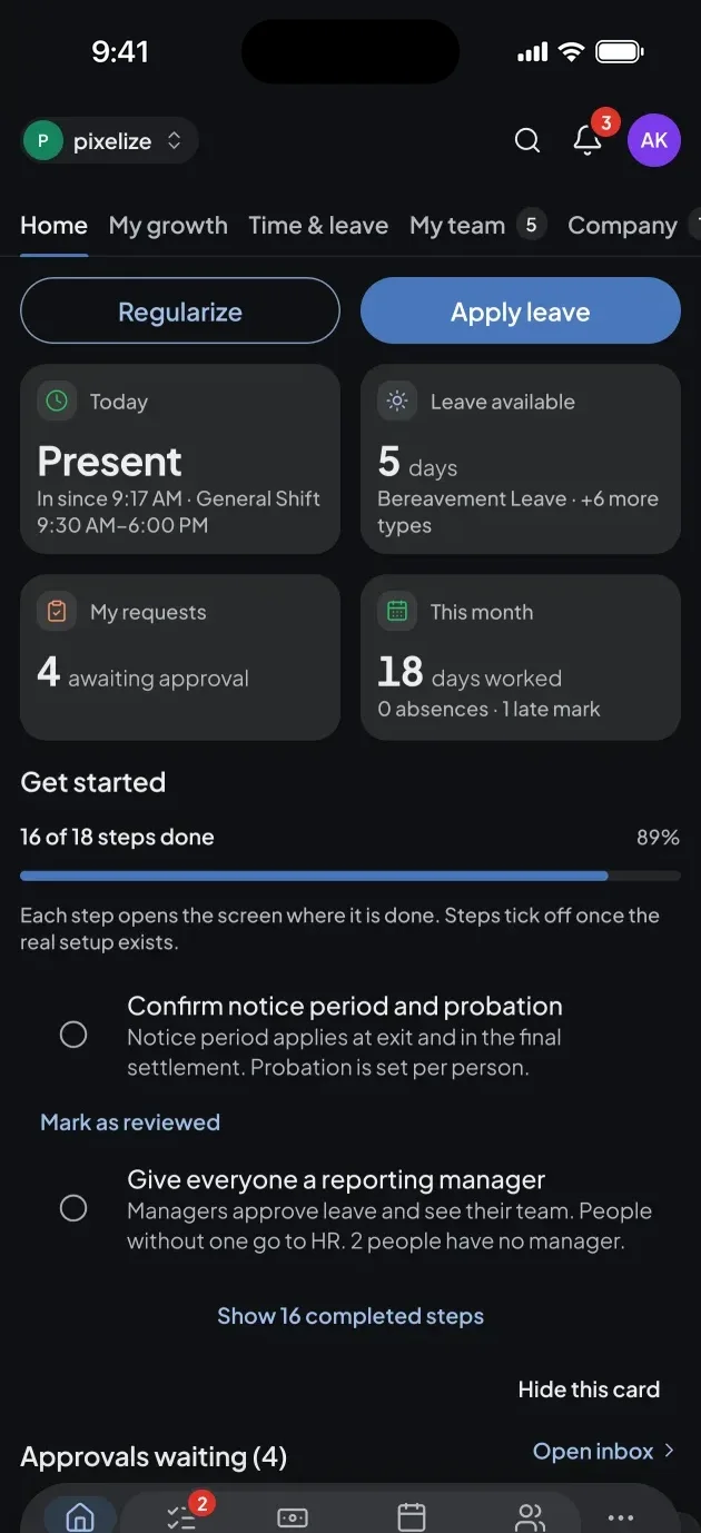 Pixelize HRMS mobile app home with attendance and leave