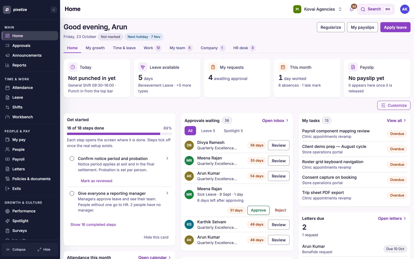 Pixelize HRMS home with attendance, leave balance, approvals and tasks