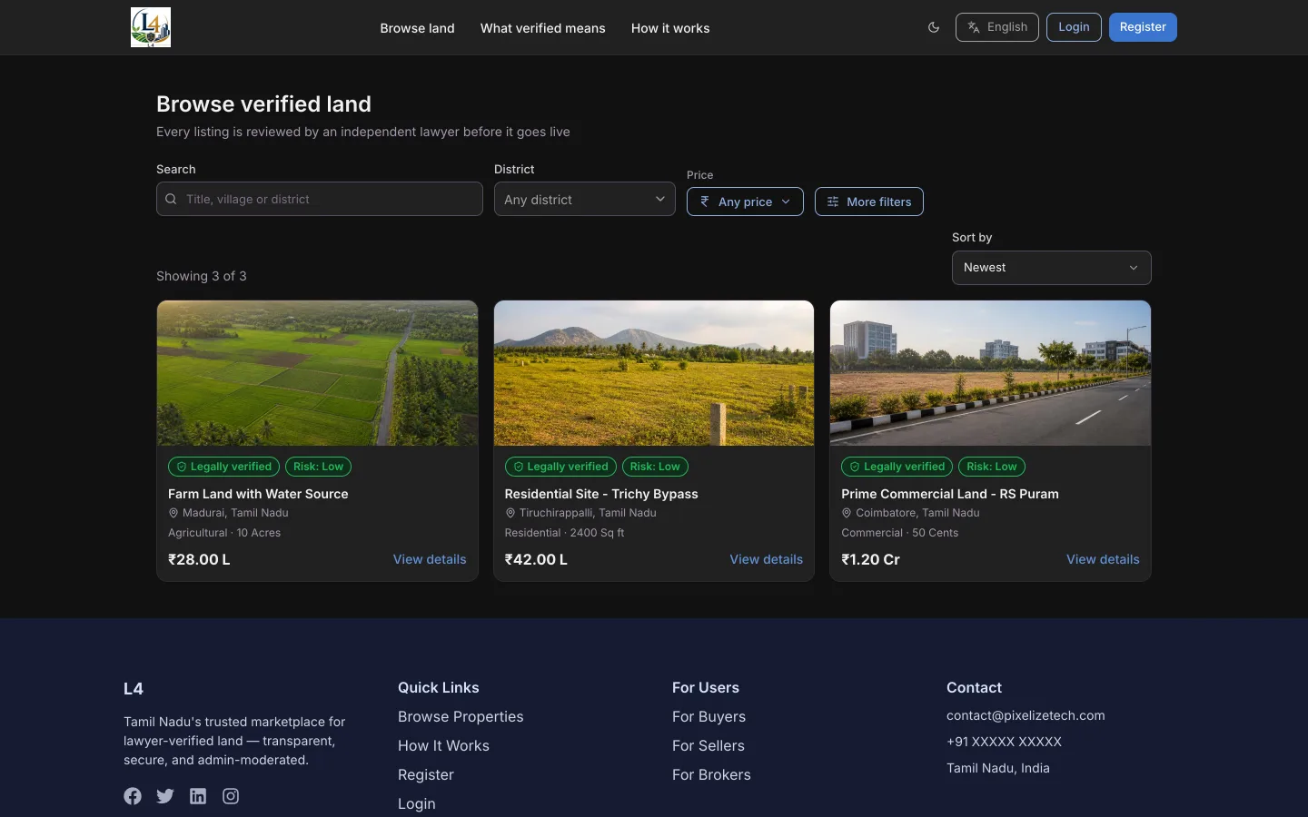 L4 browse page with lawyer-verified land listings, risk labels and prices
