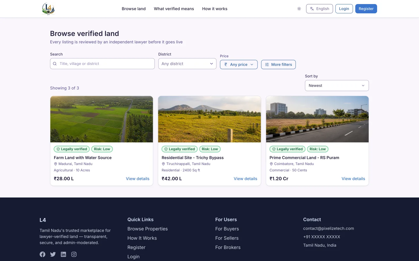 L4 browse page with lawyer-verified land listings, risk labels and prices