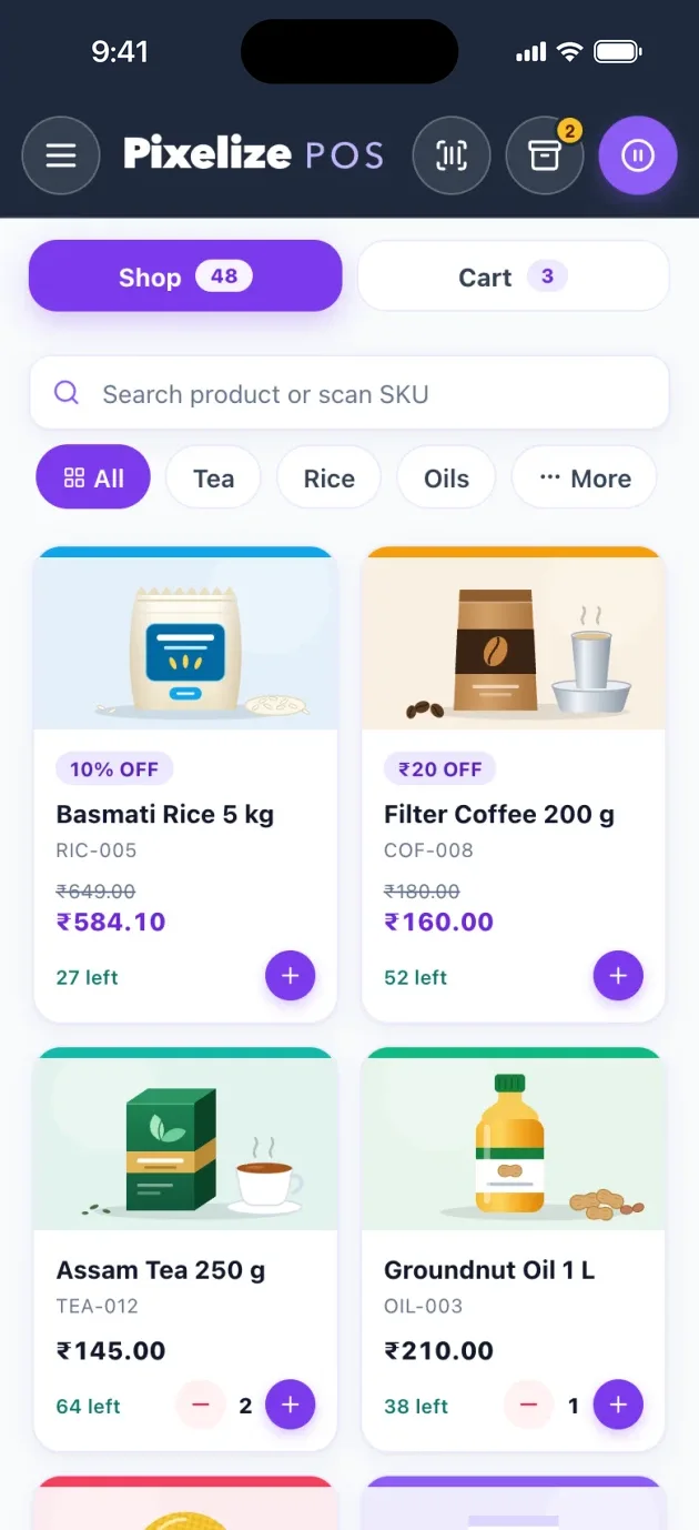 Pixelize POS Android app with a sale in progress