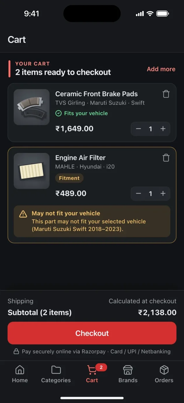 Cart warning that an air filter may not fit the selected Swift