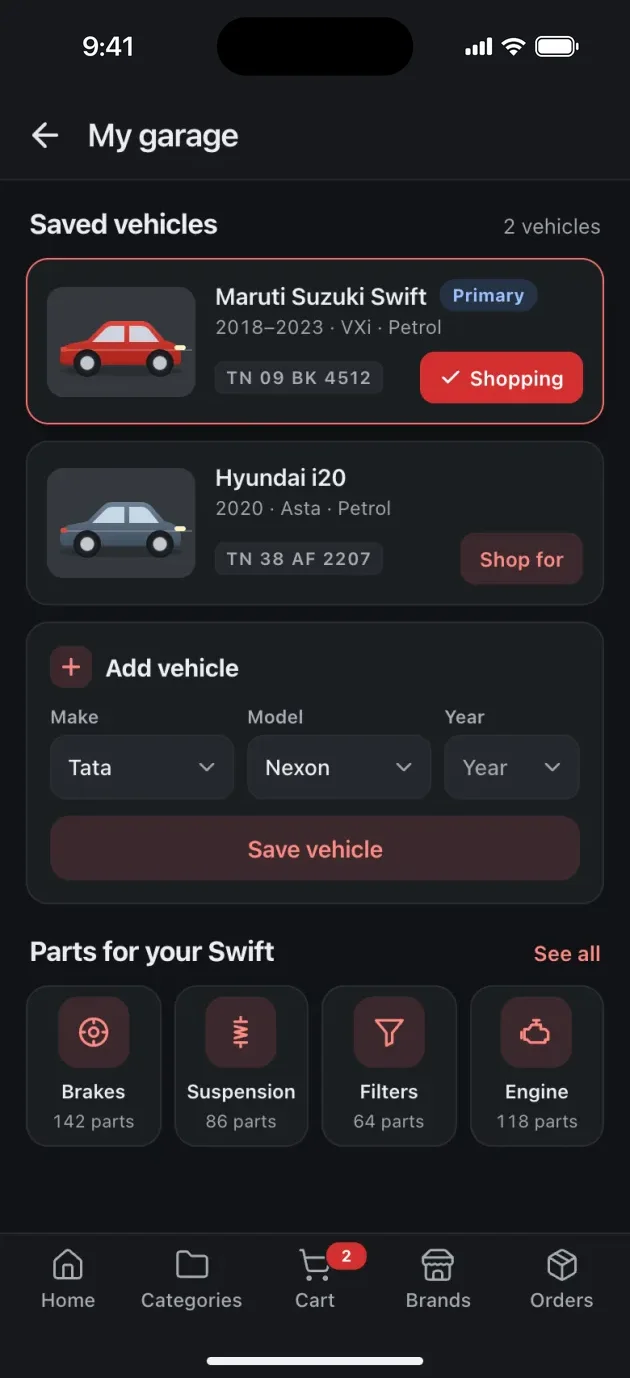 Muthu Spare Parts saved vehicles with parts for the selected car