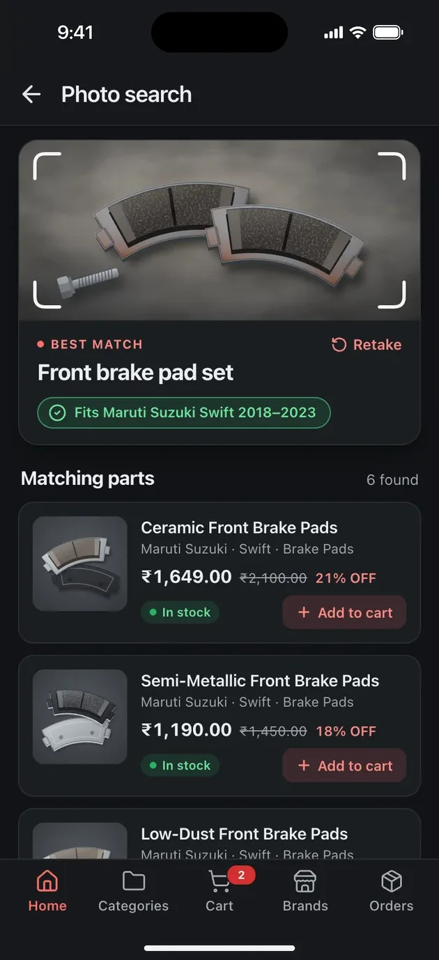 Muthu Spare Parts photo search showing brake pads that fit the saved car