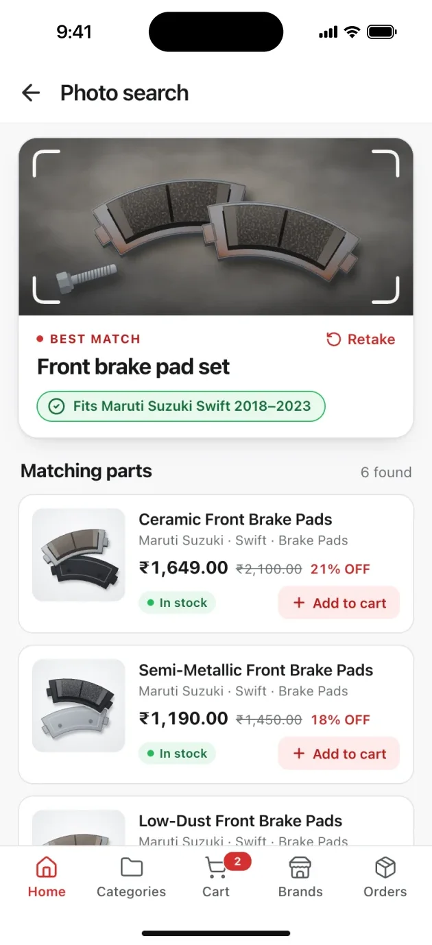Muthu Spare Parts photo search showing brake pads that fit the saved car