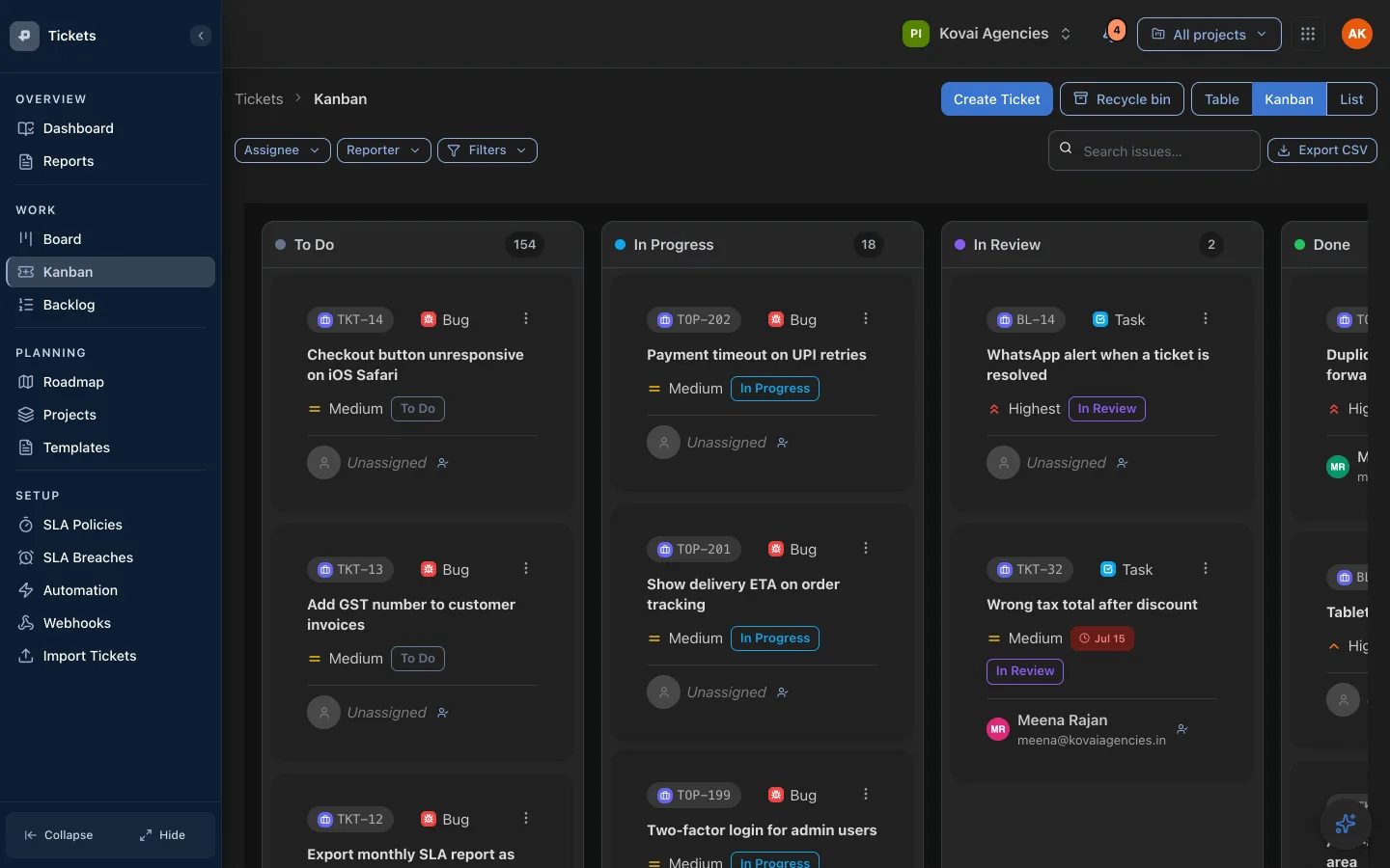 Pixelize Tickets kanban board with To do, In progress and In review columns