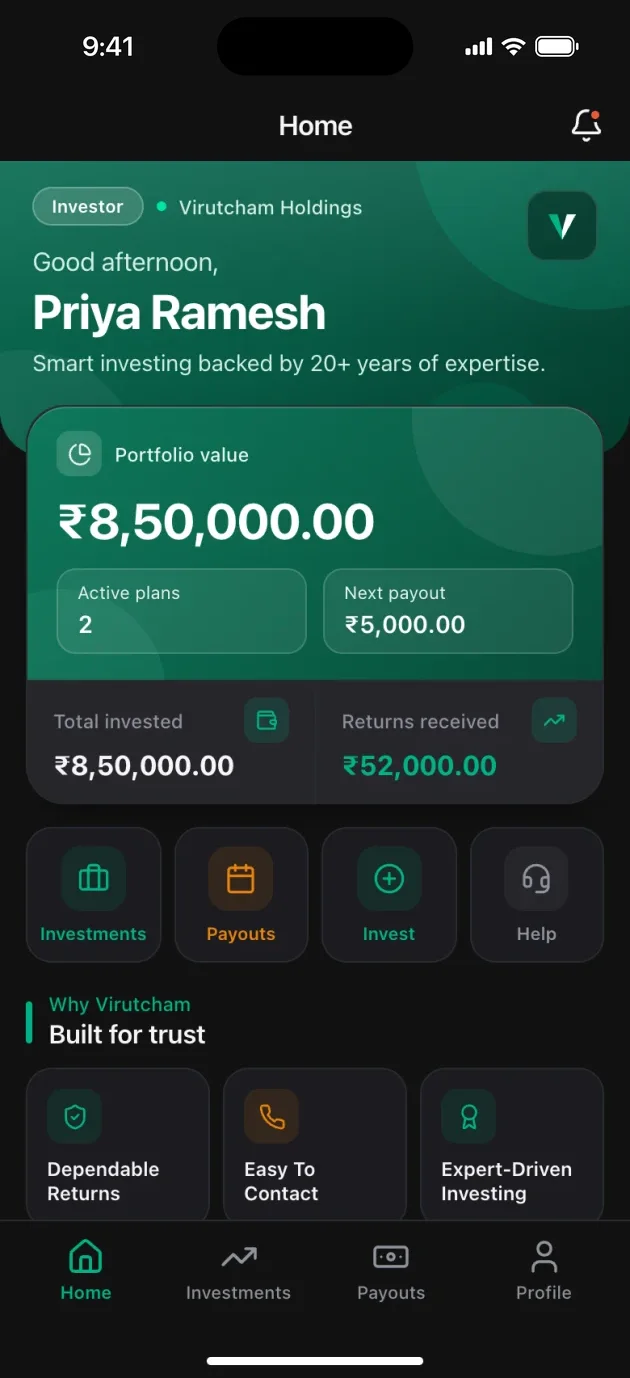 Virutcham investor app home with portfolio value and the next payout